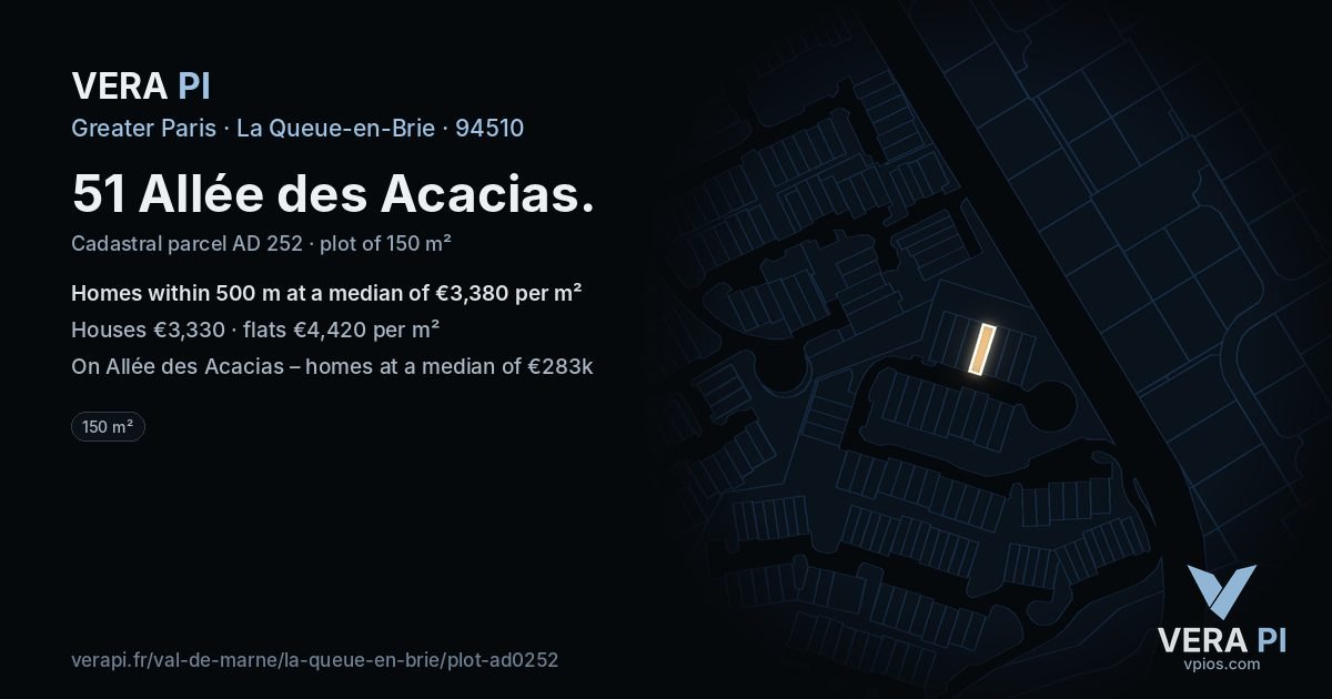 51 Allée des Acacias, La Queue-en-Brie at night – the plot lit, the parcels around coloured by the prices near them