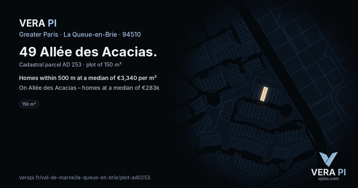 49 Allée des Acacias, La Queue-en-Brie at night – the plot lit, the parcels around coloured by the prices near them