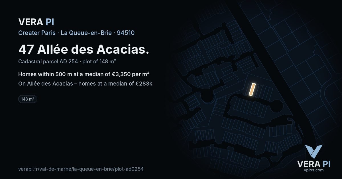 47 Allée des Acacias, La Queue-en-Brie at night – the plot lit, the parcels around coloured by the prices near them