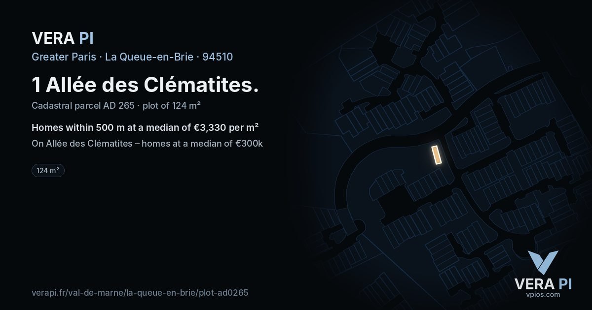 1 Allée des Clématites, La Queue-en-Brie at night – the plot lit, the parcels around coloured by the prices near them
