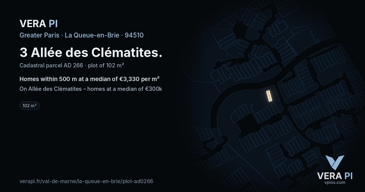 3 Allée des Clématites, La Queue-en-Brie at night – the plot lit, the parcels around coloured by the prices near them