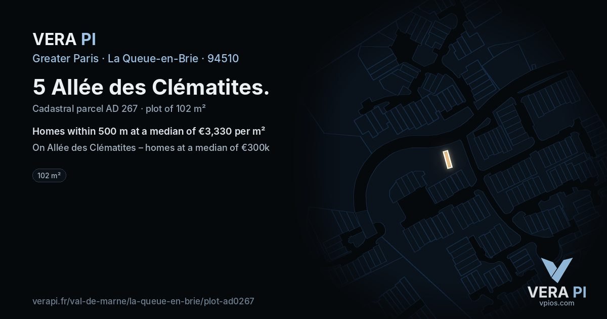 5 Allée des Clématites, La Queue-en-Brie at night – the plot lit, the parcels around coloured by the prices near them
