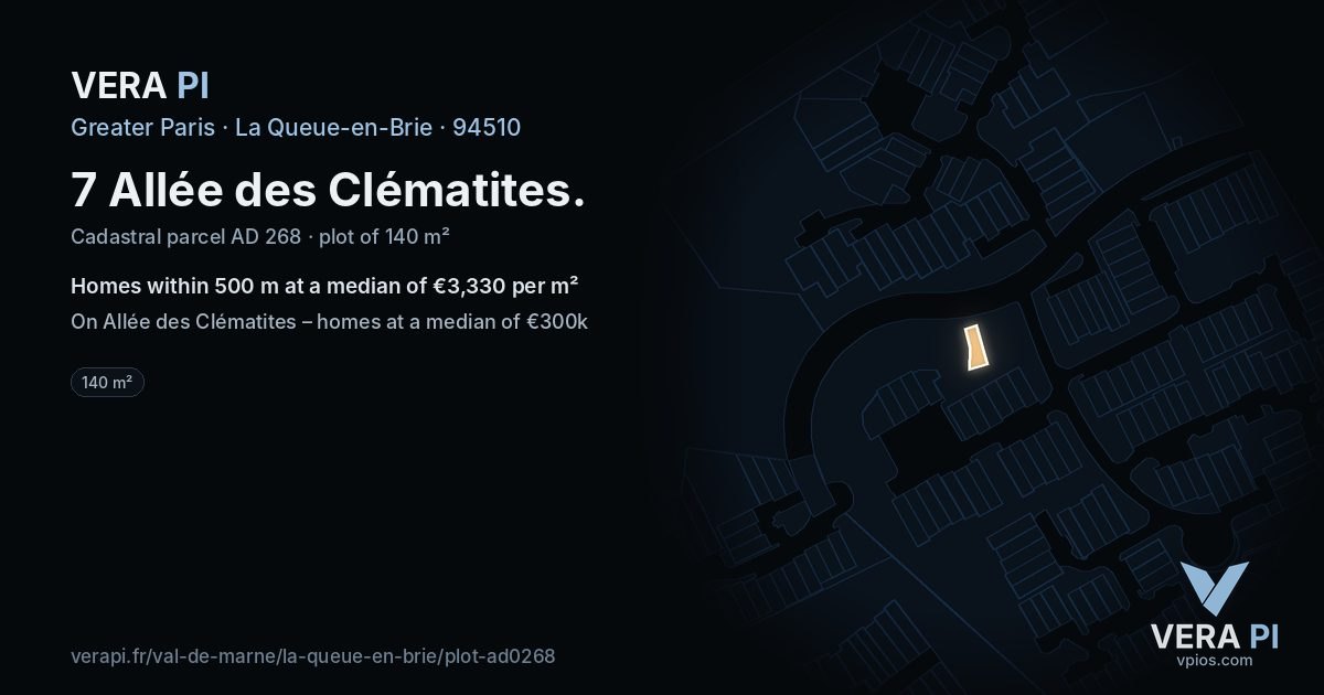 7 Allée des Clématites, La Queue-en-Brie at night – the plot lit, the parcels around coloured by the prices near them