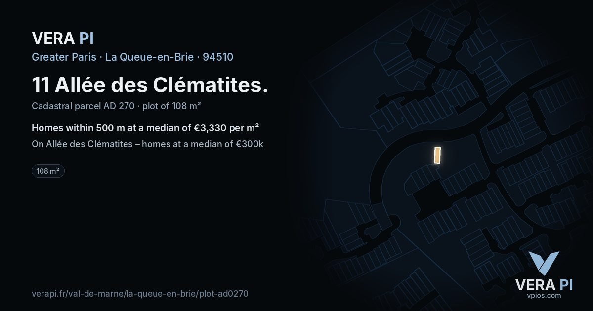 11 Allée des Clématites, La Queue-en-Brie at night – the plot lit, the parcels around coloured by the prices near them