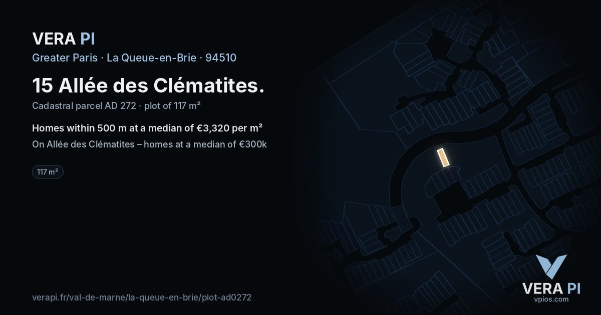 15 Allée des Clématites, La Queue-en-Brie at night – the plot lit, the parcels around coloured by the prices near them