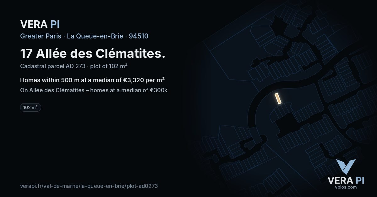17 Allée des Clématites, La Queue-en-Brie at night – the plot lit, the parcels around coloured by the prices near them