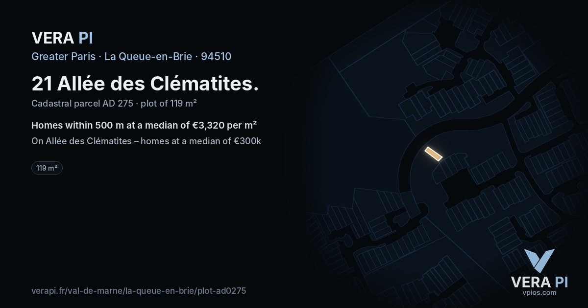 21 Allée des Clématites, La Queue-en-Brie at night – the plot lit, the parcels around coloured by the prices near them