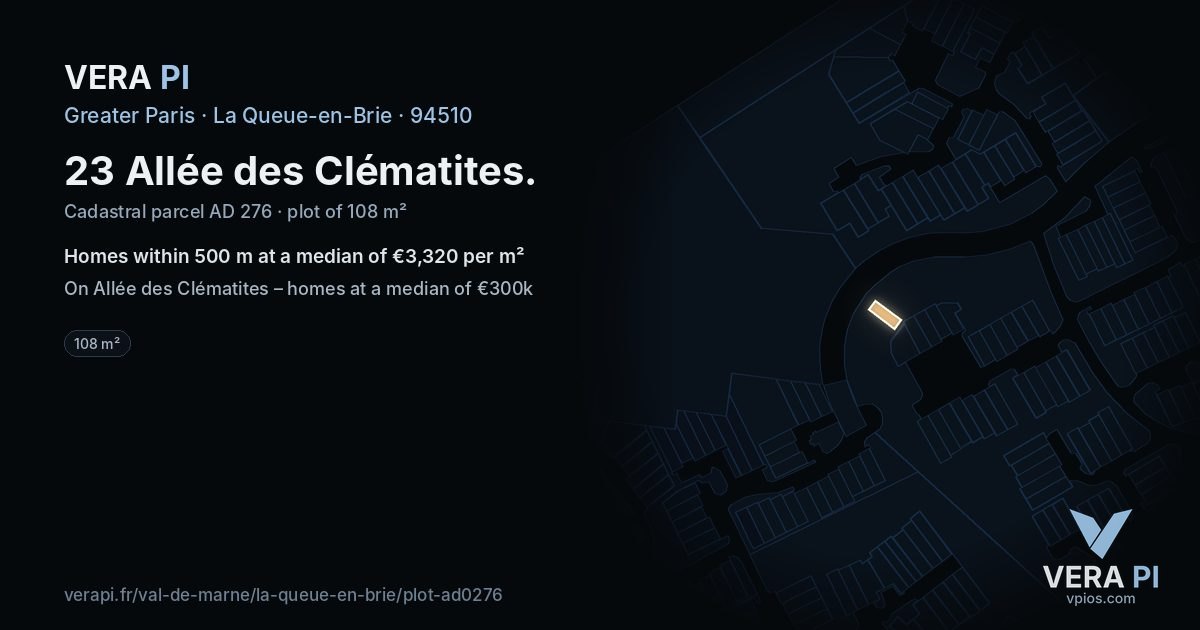 23 Allée des Clématites, La Queue-en-Brie at night – the plot lit, the parcels around coloured by the prices near them