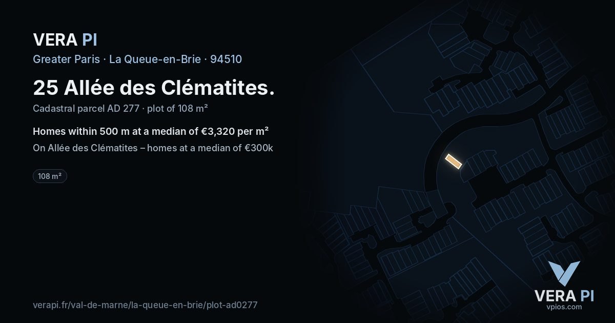 25 Allée des Clématites, La Queue-en-Brie at night – the plot lit, the parcels around coloured by the prices near them