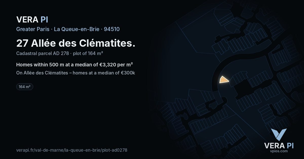 27 Allée des Clématites, La Queue-en-Brie at night – the plot lit, the parcels around coloured by the prices near them