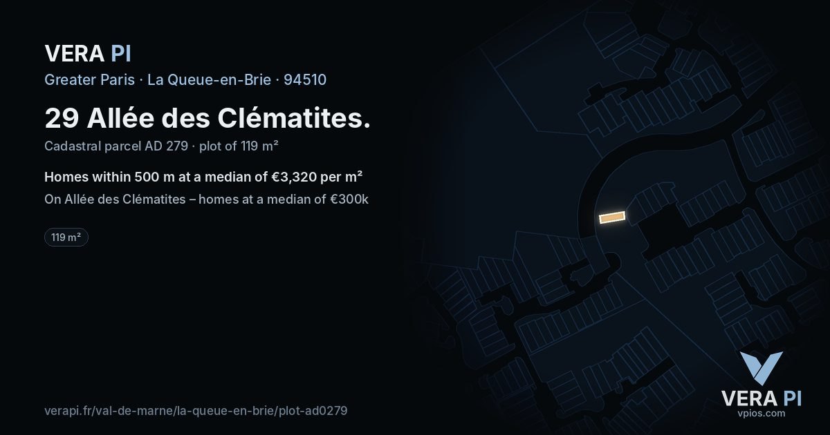 29 Allée des Clématites, La Queue-en-Brie at night – the plot lit, the parcels around coloured by the prices near them
