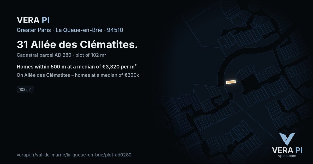 31 Allée des Clématites, La Queue-en-Brie at night – the plot lit, the parcels around coloured by the prices near them