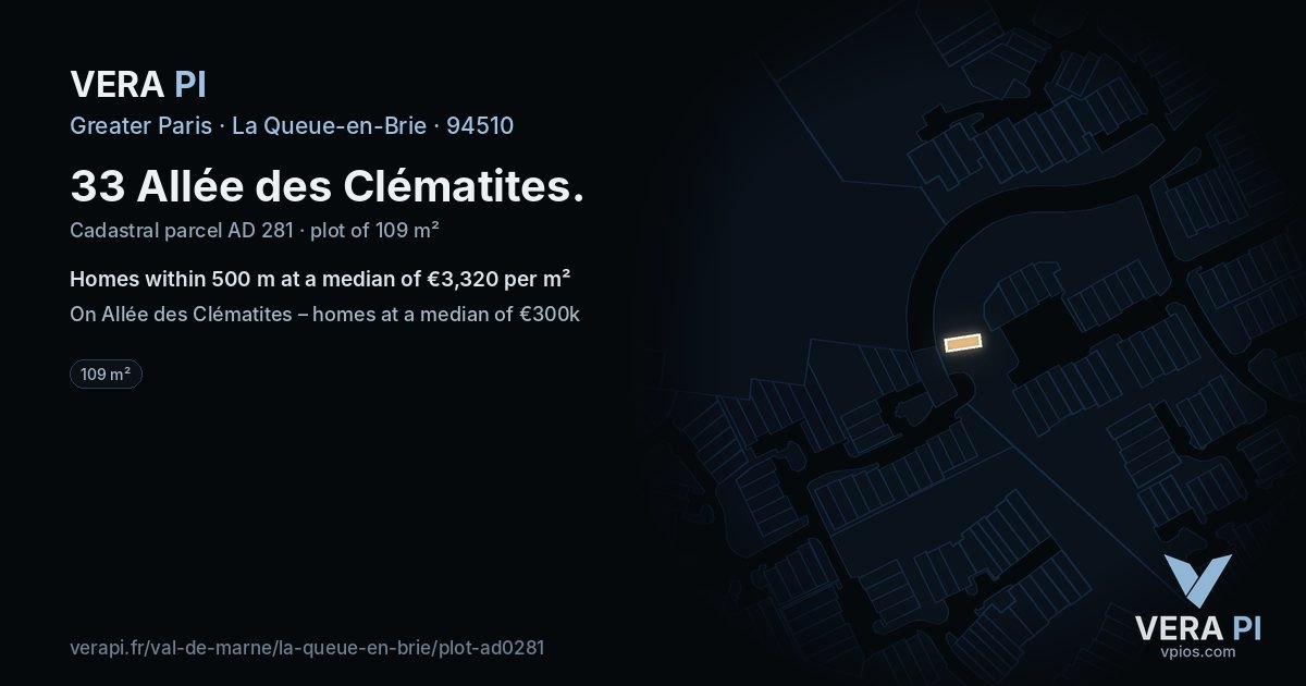 33 Allée des Clématites, La Queue-en-Brie at night – the plot lit, the parcels around coloured by the prices near them