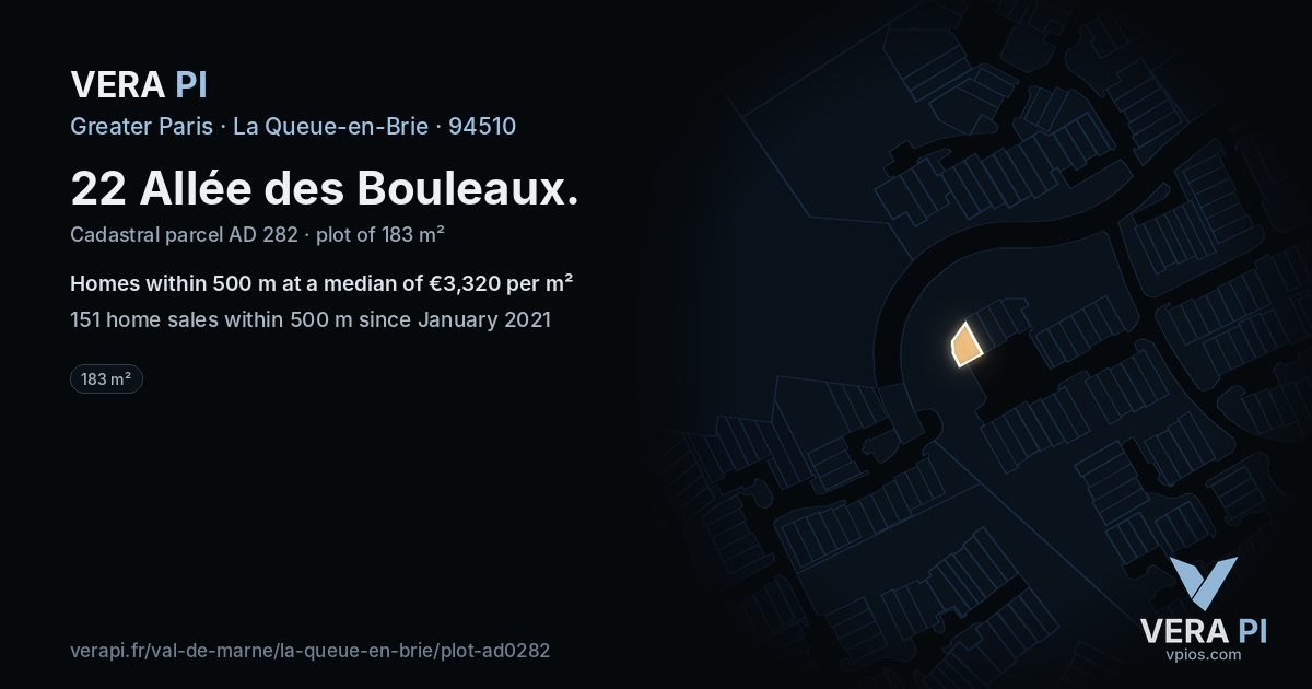 22 Allée des Bouleaux, La Queue-en-Brie at night – the plot lit, the parcels around coloured by the prices near them