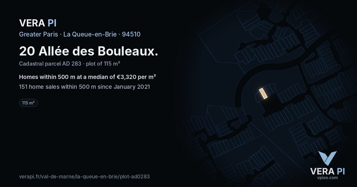 20 Allée des Bouleaux, La Queue-en-Brie at night – the plot lit, the parcels around coloured by the prices near them