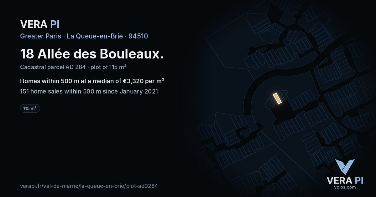 18 Allée des Bouleaux, La Queue-en-Brie at night – the plot lit, the parcels around coloured by the prices near them