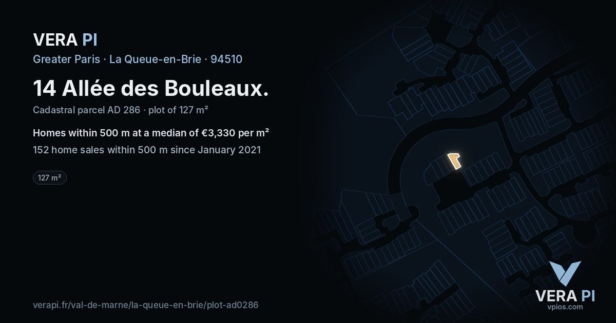 14 Allée des Bouleaux, La Queue-en-Brie at night – the plot lit, the parcels around coloured by the prices near them