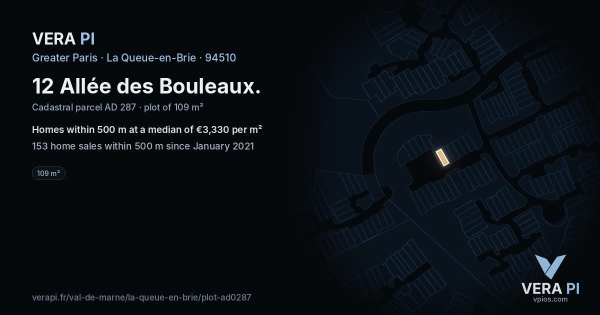 12 Allée des Bouleaux, La Queue-en-Brie at night – the plot lit, the parcels around coloured by the prices near them