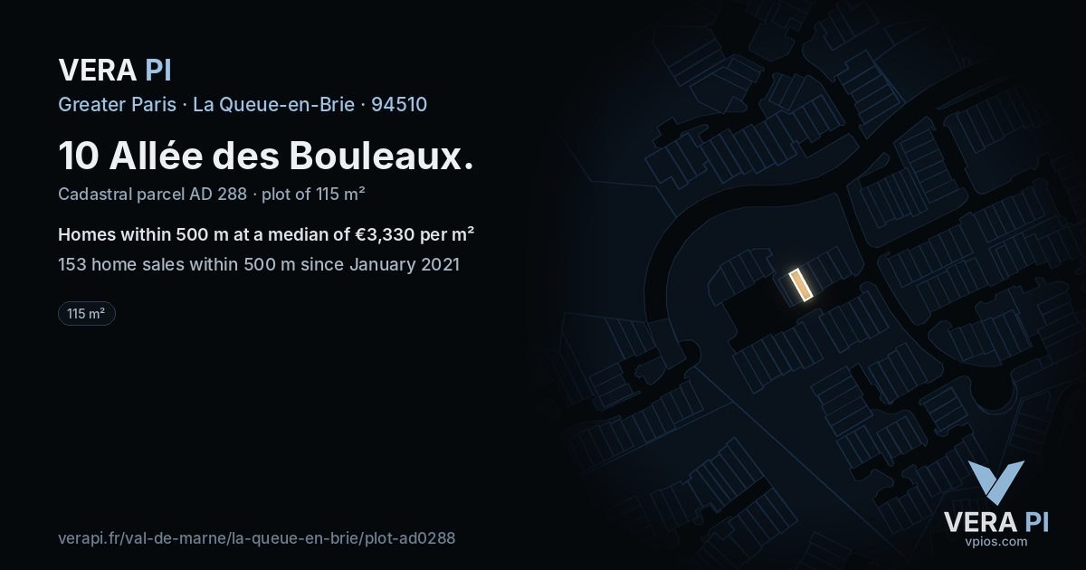 10 Allée des Bouleaux, La Queue-en-Brie at night – the plot lit, the parcels around coloured by the prices near them