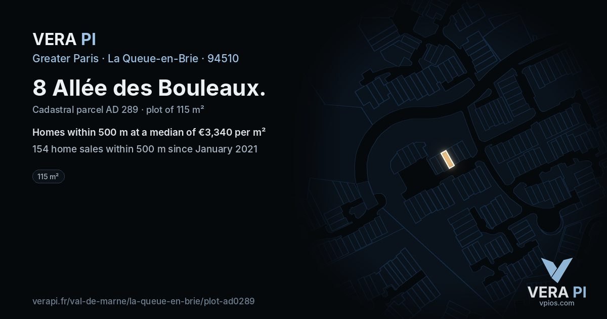 8 Allée des Bouleaux, La Queue-en-Brie at night – the plot lit, the parcels around coloured by the prices near them