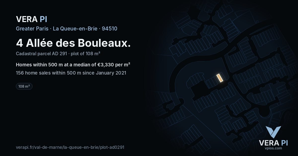 4 Allée des Bouleaux, La Queue-en-Brie at night – the plot lit, the parcels around coloured by the prices near them