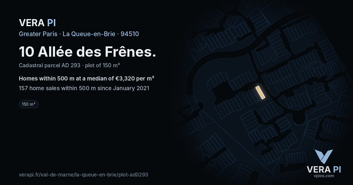 10 Allée des Frênes, La Queue-en-Brie at night – the plot lit, the parcels around coloured by the prices near them