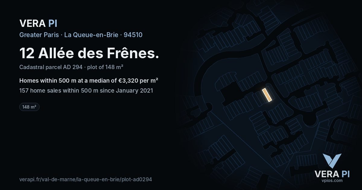 12 Allée des Frênes, La Queue-en-Brie at night – the plot lit, the parcels around coloured by the prices near them