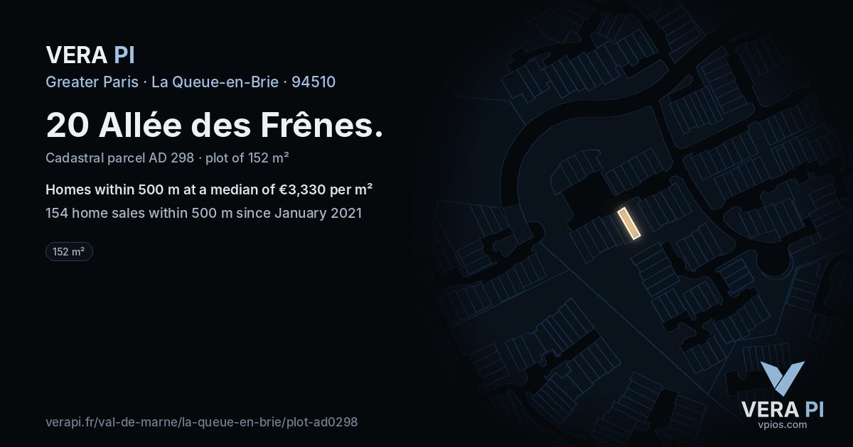 20 Allée des Frênes, La Queue-en-Brie at night – the plot lit, the parcels around coloured by the prices near them