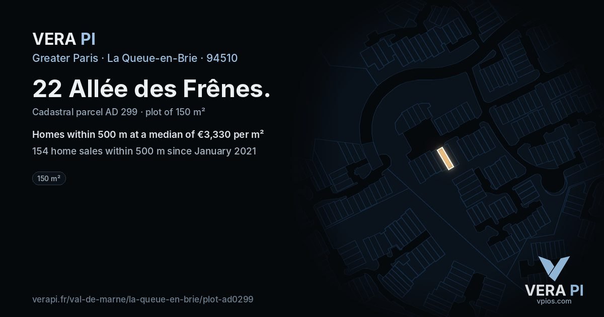 22 Allée des Frênes, La Queue-en-Brie at night – the plot lit, the parcels around coloured by the prices near them