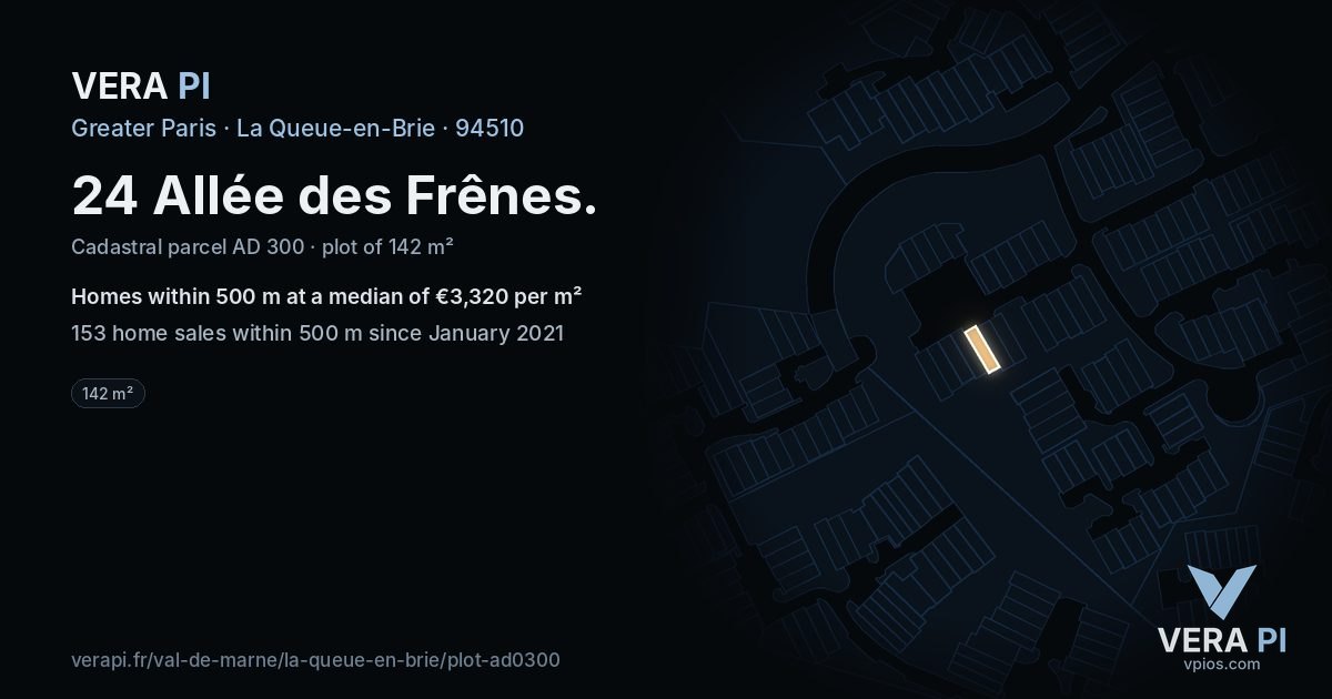 24 Allée des Frênes, La Queue-en-Brie at night – the plot lit, the parcels around coloured by the prices near them