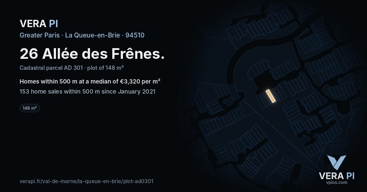 26 Allée des Frênes, La Queue-en-Brie at night – the plot lit, the parcels around coloured by the prices near them