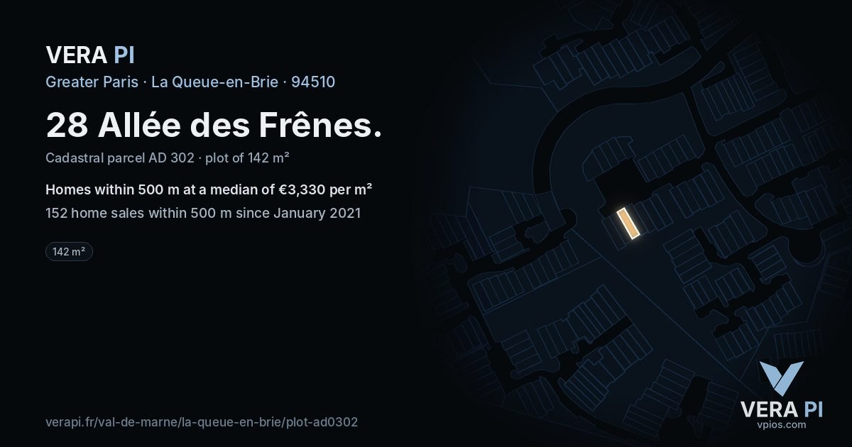 28 Allée des Frênes, La Queue-en-Brie at night – the plot lit, the parcels around coloured by the prices near them