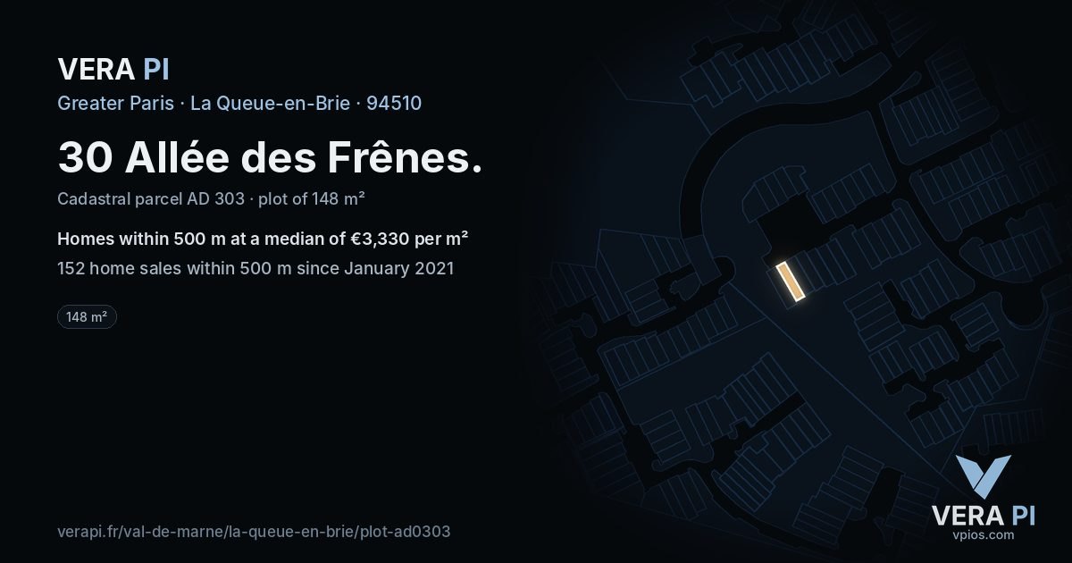 30 Allée des Frênes, La Queue-en-Brie at night – the plot lit, the parcels around coloured by the prices near them