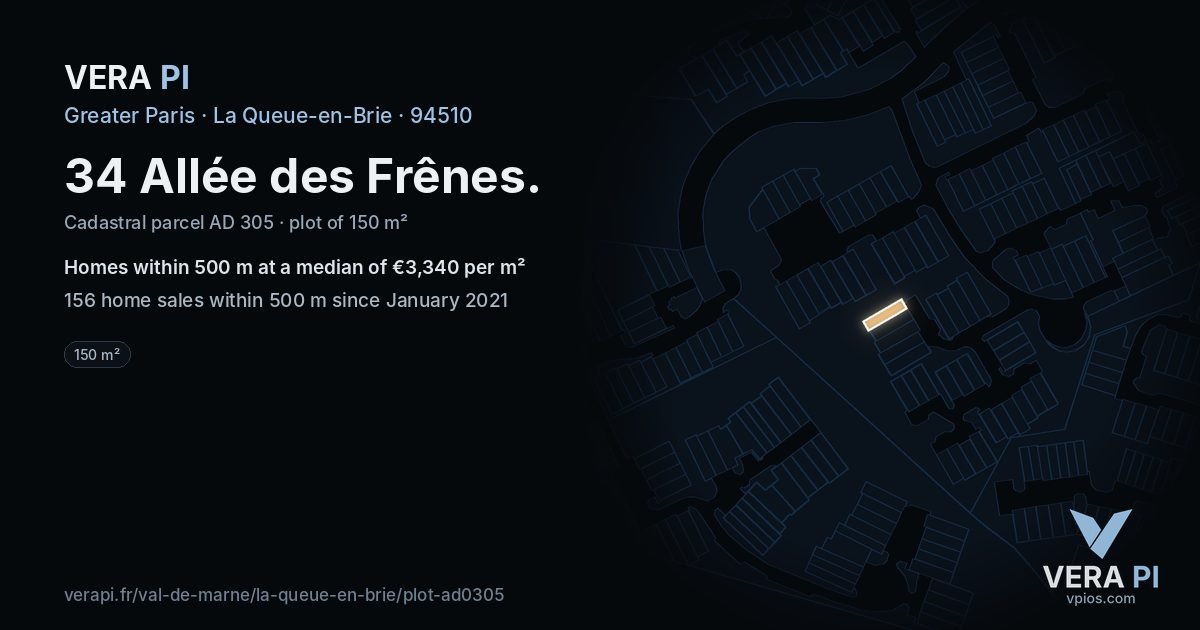 34 Allée des Frênes, La Queue-en-Brie at night – the plot lit, the parcels around coloured by the prices near them
