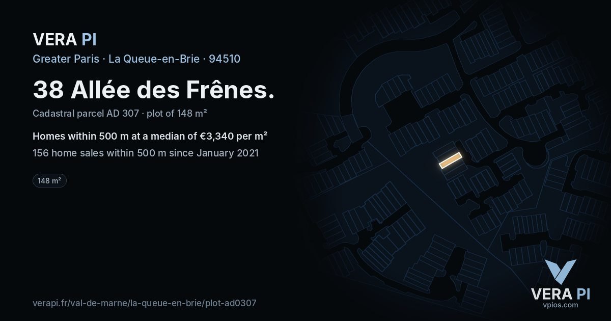 38 Allée des Frênes, La Queue-en-Brie at night – the plot lit, the parcels around coloured by the prices near them
