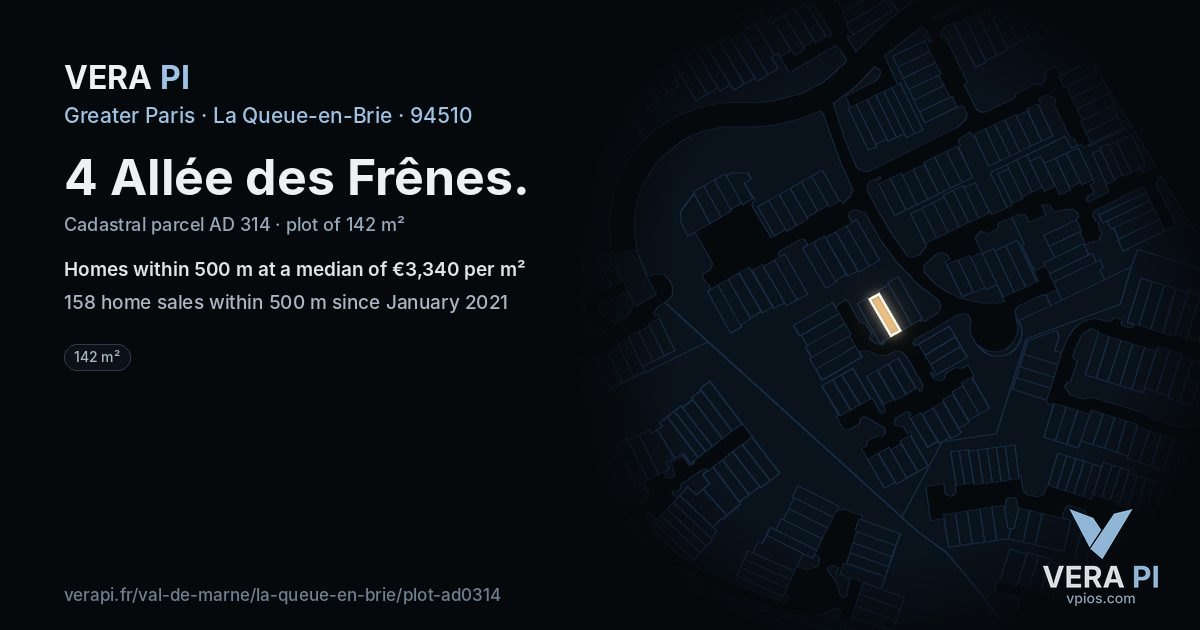 4 Allée des Frênes, La Queue-en-Brie at night – the plot lit, the parcels around coloured by the prices near them