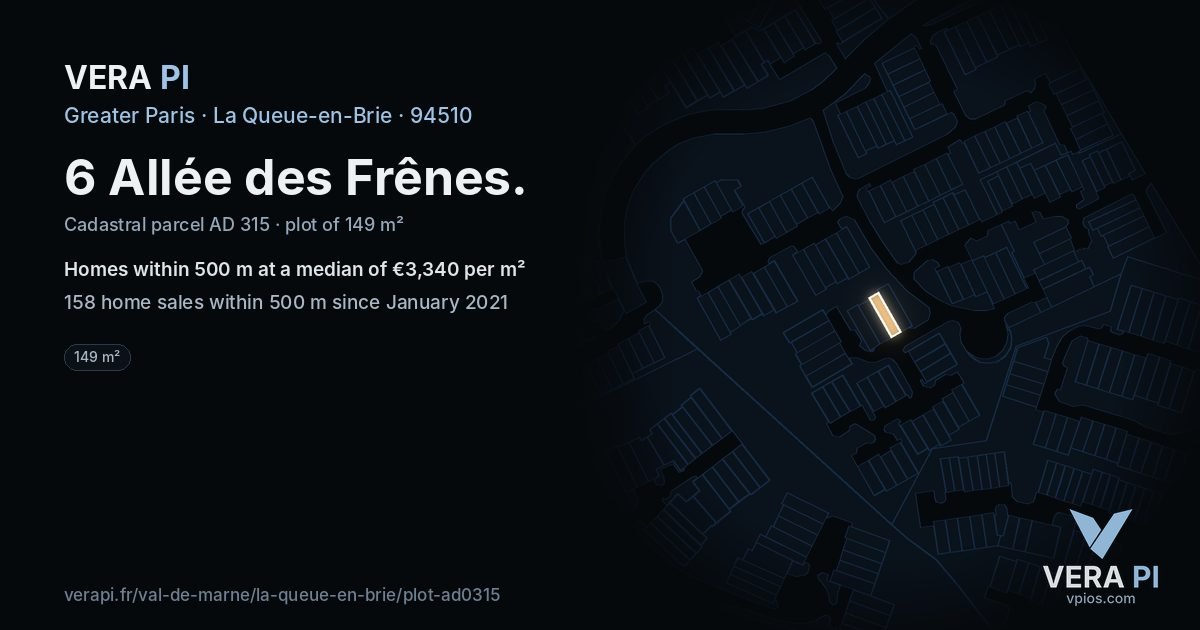 6 Allée des Frênes, La Queue-en-Brie at night – the plot lit, the parcels around coloured by the prices near them