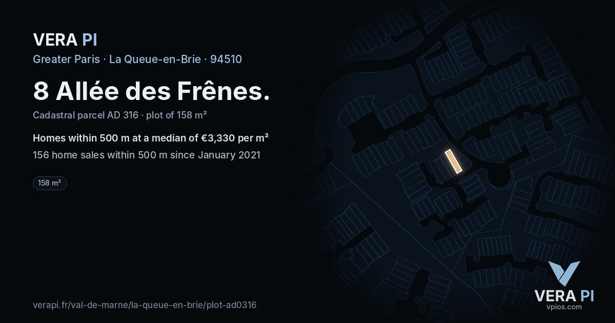 8 Allée des Frênes, La Queue-en-Brie at night – the plot lit, the parcels around coloured by the prices near them