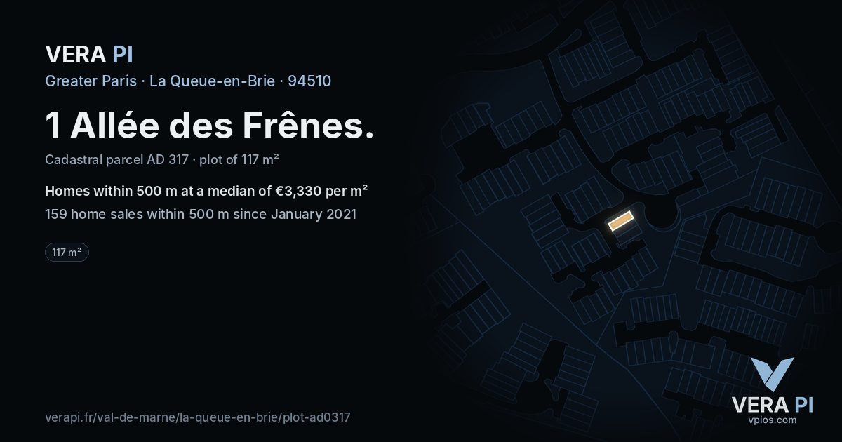 1 Allée des Frênes, La Queue-en-Brie at night – the plot lit, the parcels around coloured by the prices near them