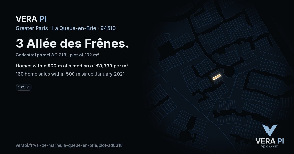 3 Allée des Frênes, La Queue-en-Brie at night – the plot lit, the parcels around coloured by the prices near them