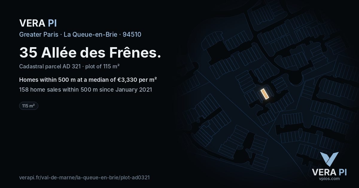 35 Allée des Frênes, La Queue-en-Brie at night – the plot lit, the parcels around coloured by the prices near them