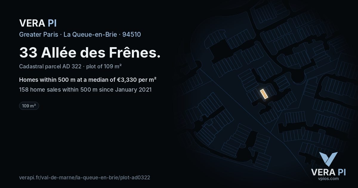 33 Allée des Frênes, La Queue-en-Brie at night – the plot lit, the parcels around coloured by the prices near them