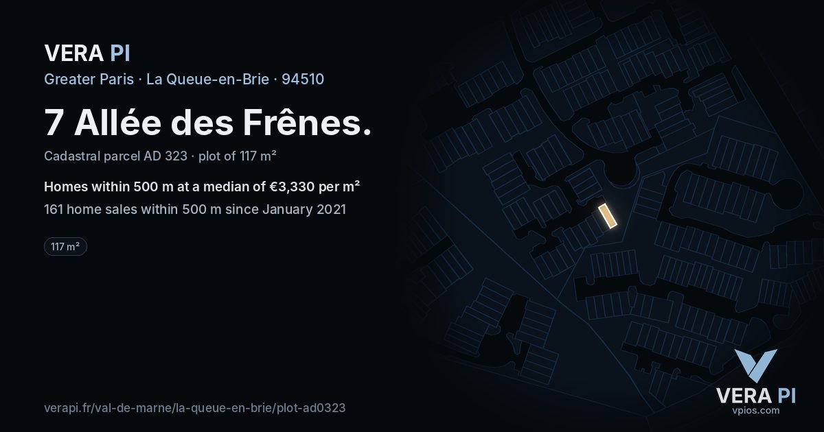 7 Allée des Frênes, La Queue-en-Brie at night – the plot lit, the parcels around coloured by the prices near them