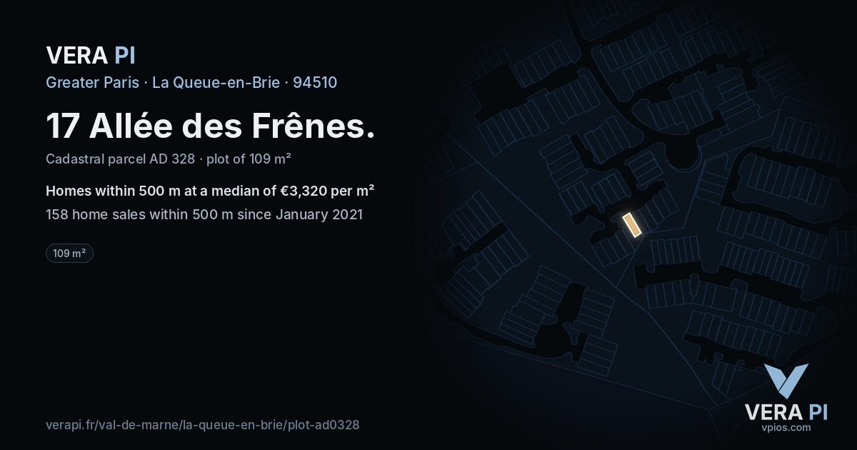 17 Allée des Frênes, La Queue-en-Brie at night – the plot lit, the parcels around coloured by the prices near them