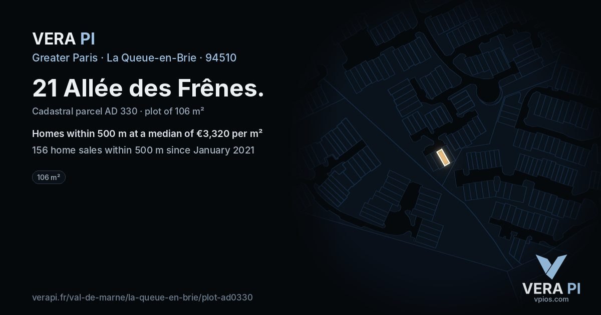 21 Allée des Frênes, La Queue-en-Brie at night – the plot lit, the parcels around coloured by the prices near them
