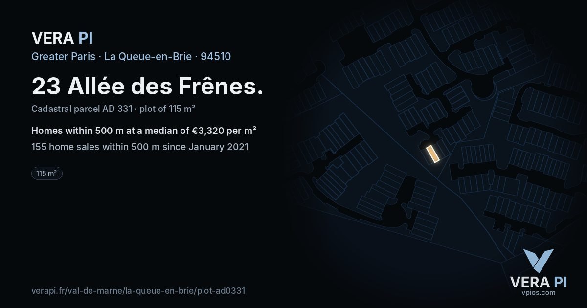 23 Allée des Frênes, La Queue-en-Brie at night – the plot lit, the parcels around coloured by the prices near them