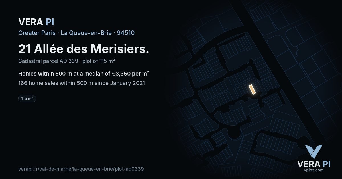 21 Allée des Merisiers, La Queue-en-Brie at night – the plot lit, the parcels around coloured by the prices near them