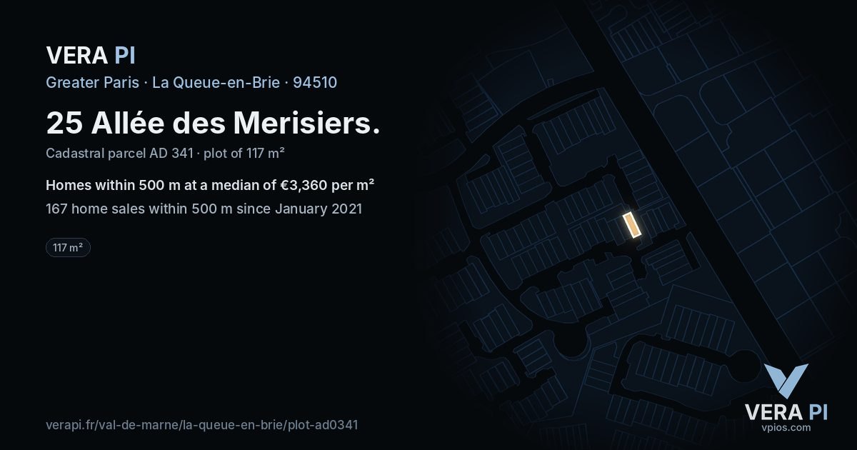 25 Allée des Merisiers, La Queue-en-Brie at night – the plot lit, the parcels around coloured by the prices near them