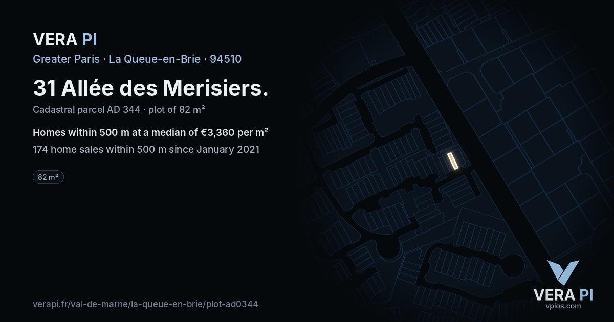 31 Allée des Merisiers, La Queue-en-Brie at night – the plot lit, the parcels around coloured by the prices near them