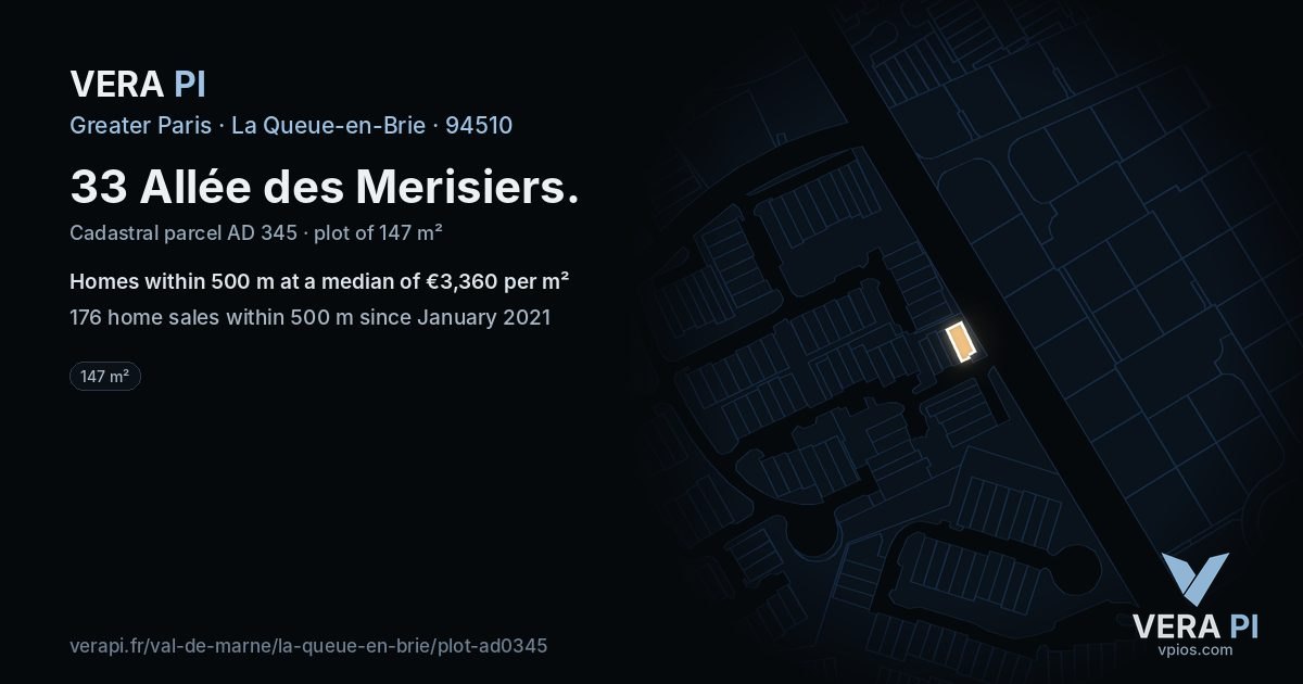 33 Allée des Merisiers, La Queue-en-Brie at night – the plot lit, the parcels around coloured by the prices near them